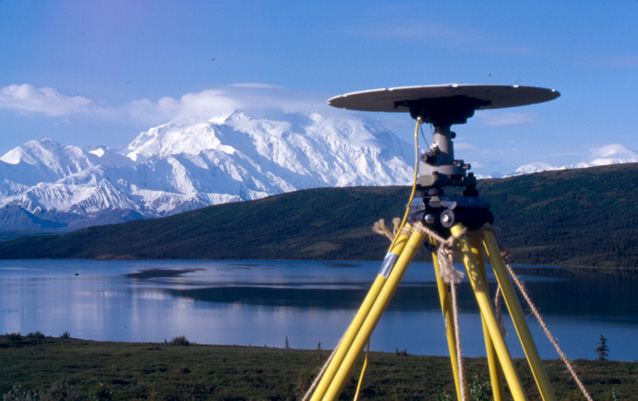 Temporary GPS station in front of Wonder Lake and Denali.