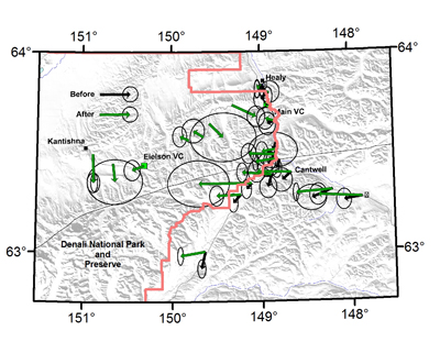 Map of Denali's eastern edge showing direction and velocity of the earth's movement.