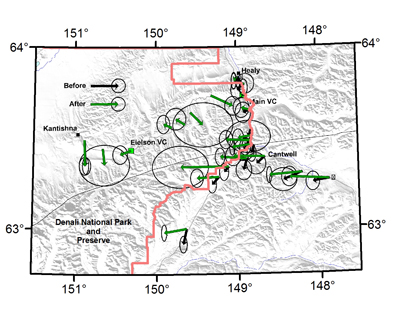 Map of Denali's eastern edge showing direction and velocity of the earth's movement. Map of Denali's eastern edge showing direction and velocity of the earth's movement.