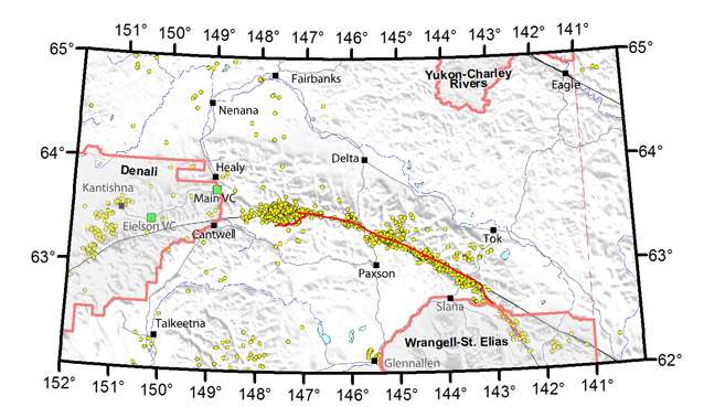 Map of Interior Alaska which shows earthquakes from 2002 - 2010.