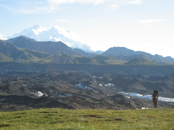 Hiker admiring the gorgeous scenery of the Muldrow Glacier and Denali.