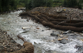 River with coconut fiber logs along the edge for erosion control.