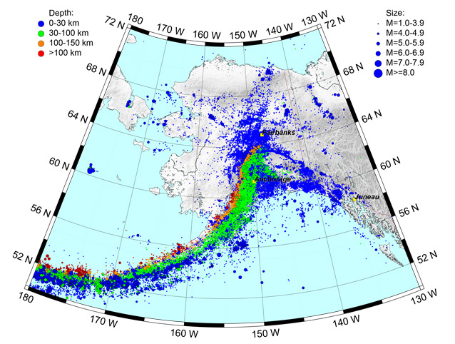 a map that shows earthquakes all across Alaska, the earthquakes arc through the state