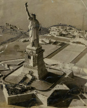 Aerial view of landscape surrounding the Statue of Liberty monument