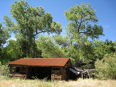A barn made of wood, railroad ties, and a metal roof stands under tall, leafy trees. A barn made of wood, railroad ties, and a metal roof stands under tall, leafy trees.