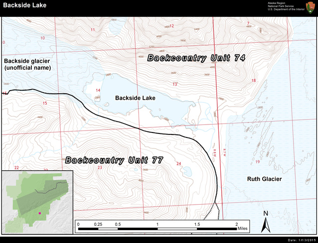 a map that shows backside lake is found in backcountry unit 74 near the Ruth Glacier