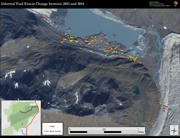 a map that shows where trails have grown near backside lake