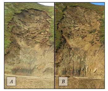a comparison of the slide from June to August that shows additional material slid a comparison of the slide from June to August that shows additional material slid
