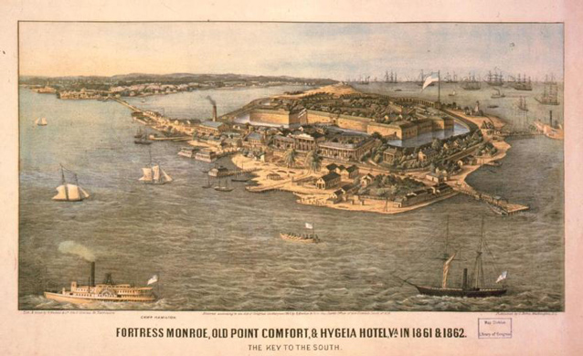 Postcard of Fortress Monroe, surrounded by water and boats, as seen in 1861 and 1862. Postcard of Fortress Monroe, surrounded by water and boats, as seen in 1861 and 1862.