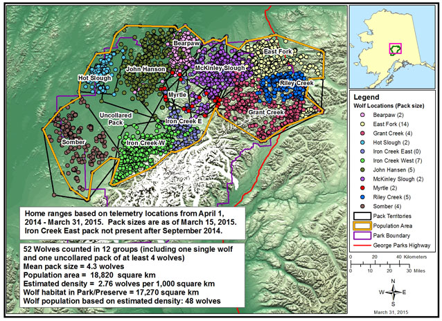 a map showing the 12 wolf packs found on the north side of the alaska range in Denali