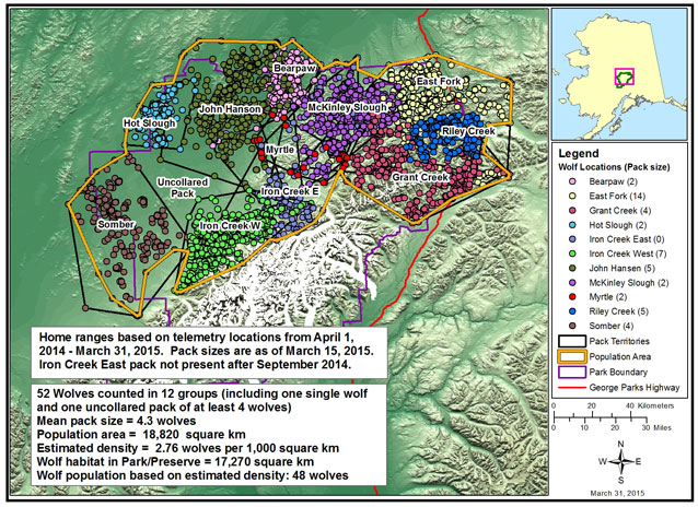 a map showing the 12 wolf packs found on the north side of the alaska range in Denali a map showing the 12 wolf packs found on the north side of the alaska range in Denali