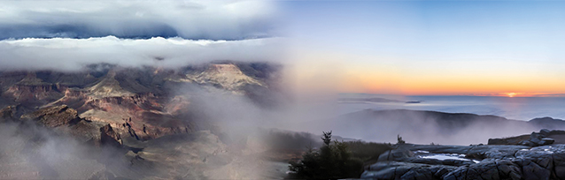 Photo of Grand Canyon and Acadia national parks in fog. Photo of Grand Canyon and Acadia national parks in fog.