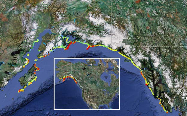 Marine debris density along the Alaska coast.