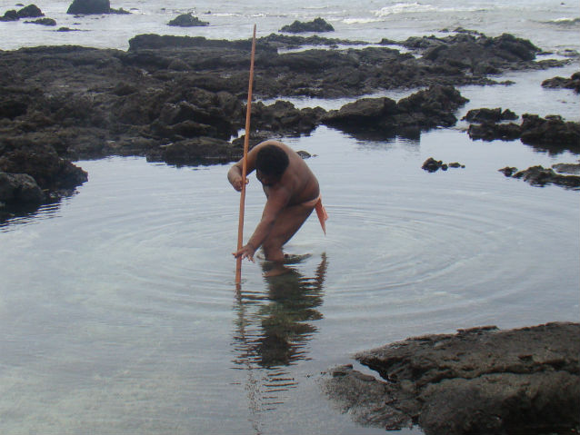 man using a pole to fish in a tidal pool