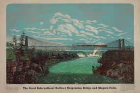 Colored postcard of the suspension bridge at Niagara Falls