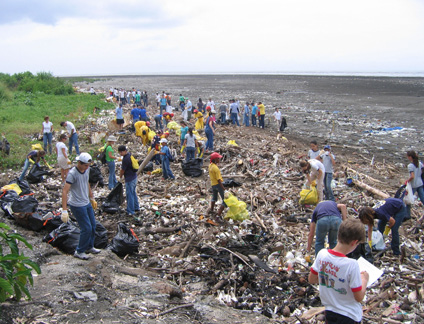 people cleaning up beach