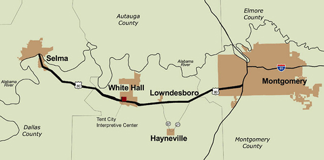 map showing selma on right and montgomery on left connected by route 80