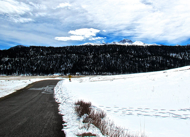Longs Peak in the background of a snowy field
