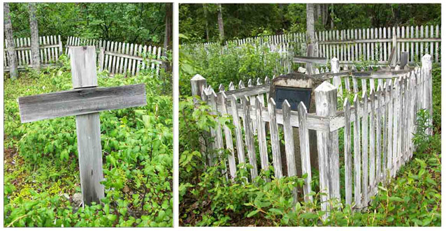 Two images of grave markers: a wooden cross, and a headstone surrounded by a white picket fence. 