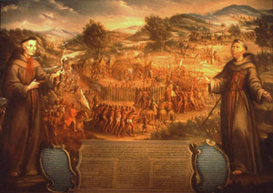 "The Destruction of Mission San Sabá" painting