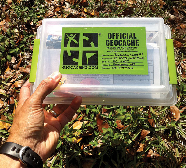 Weatherproof plastic box that serves as a geocache (Credit: NPS Photo)