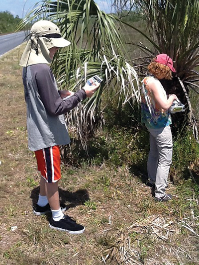 Two park visitors search for a geocache