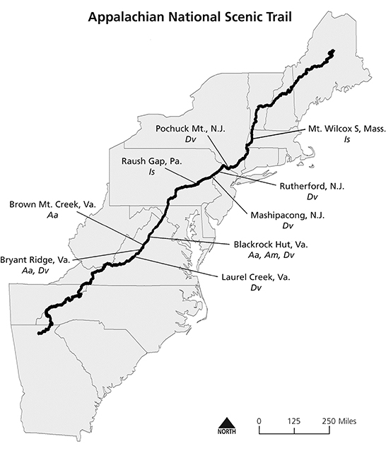 Map showing the Appalachian National Scenic Trail and the sampling locations for the study Map showing the Appalachian National Scenic Trail and the sampling locations for the study