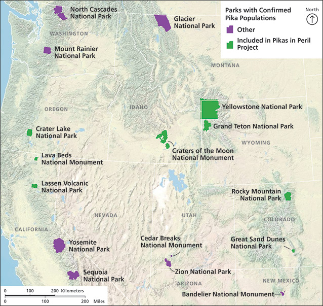 Map showing location of the eight national parks that are part of the Pikas in Peril program