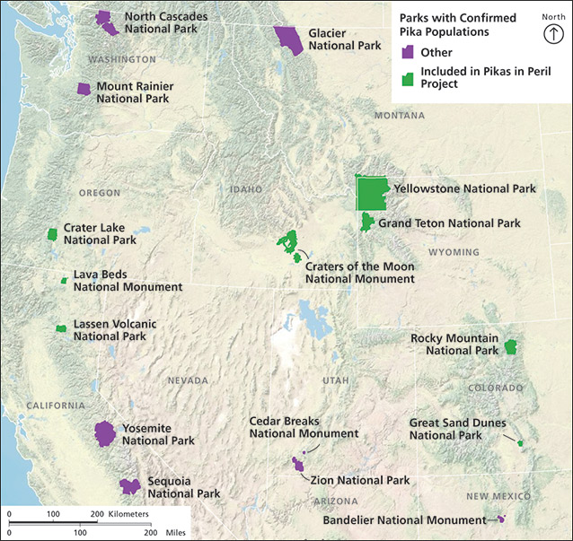 Map showing location of the eight national parks that are part of the Pikas in Peril program Map showing location of the eight national parks that are part of the Pikas in Peril program
