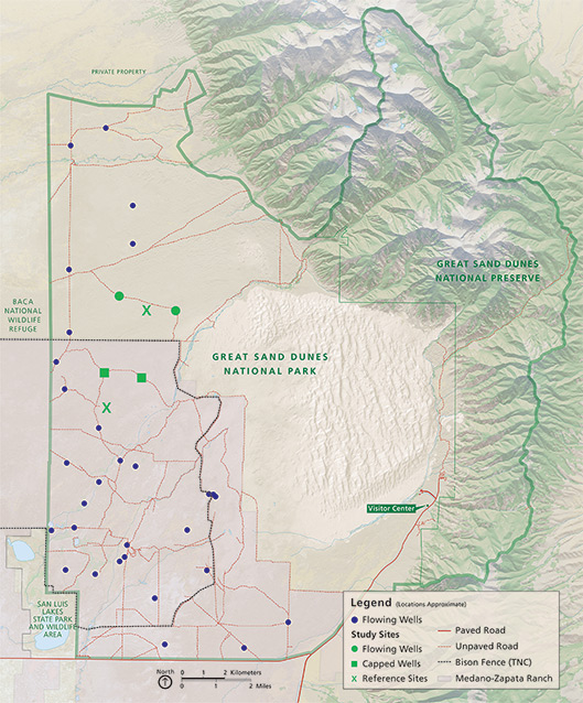 Locator map of artesian well/control sites studied in Great Sand Dunes NP and the Zapata Ranch