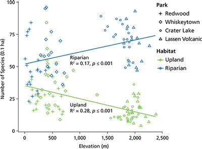 Scatterplot and regression lines showing species richness of both riparian and upland plots Scatterplot and regression lines showing species richness of both riparian and upland plots