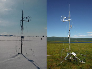 side by side pictures showing tripods, one sits in snow and the other on the tundra