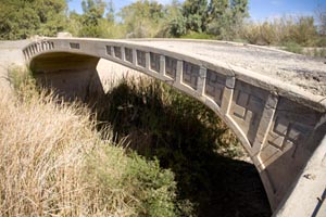 Photo of Swastikas on project bridge surrounded by tall brown grass