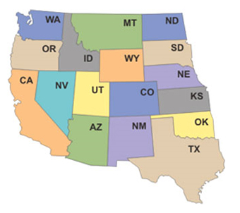 Picture of the mid and west coast with color coded states 