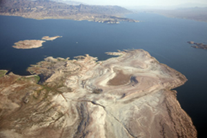 Far view of Lake Mead with blue water and clear sky 