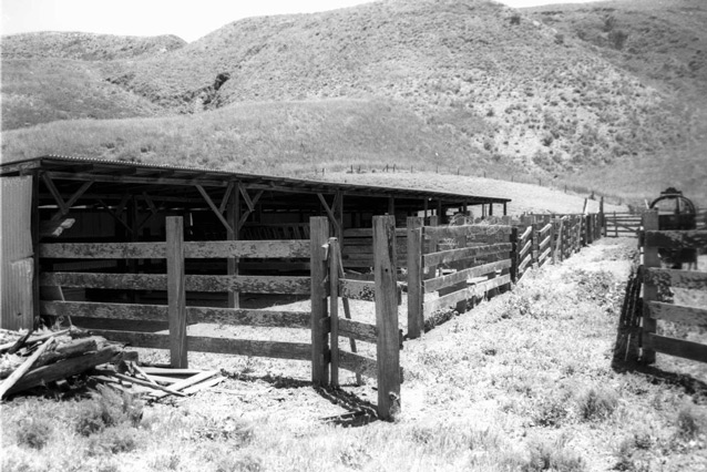 Slatted wooden fencing follows the side of a a low, three-walled barn (2002).