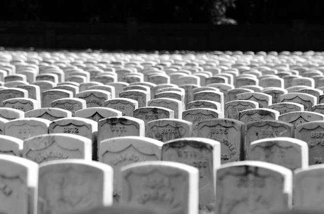 A view over the tops of white headstones, the rows stacked like fish scales