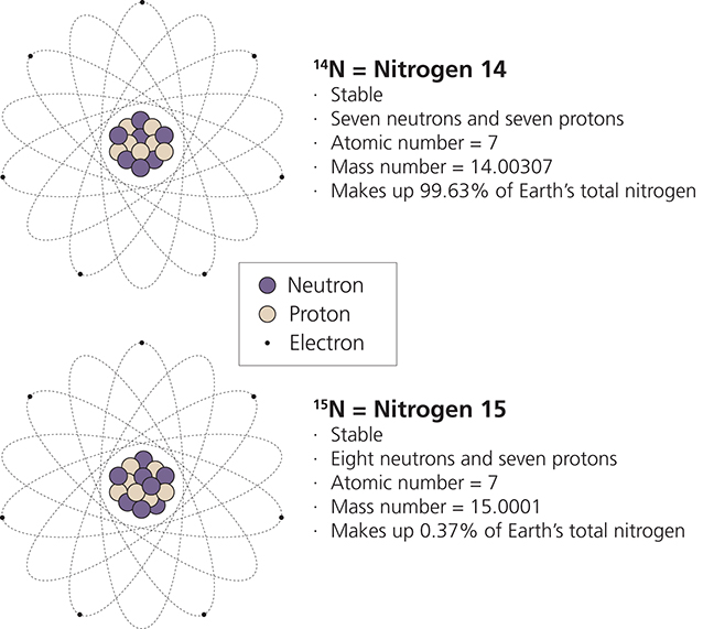 Close-up of atomic nitrogen-14 isotope illustration