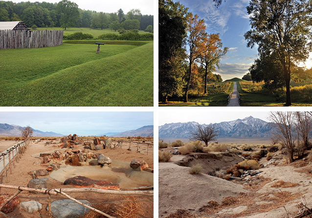 Earthen ramparts, soil mounds, meditation gardens, and an eroded cultural feature Earthen ramparts, soil mounds, meditation gardens, and an eroded cultural feature