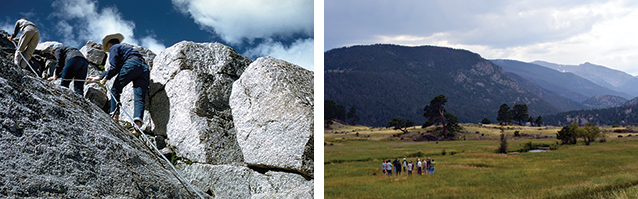 Climbers on Longs Peak (left); workshop participants in Moraine Park