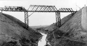 Black and white photo of a high bridge with a train crossing 