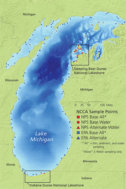 Map of national park areas on the Lake Michigan shore that were part of the water quality study