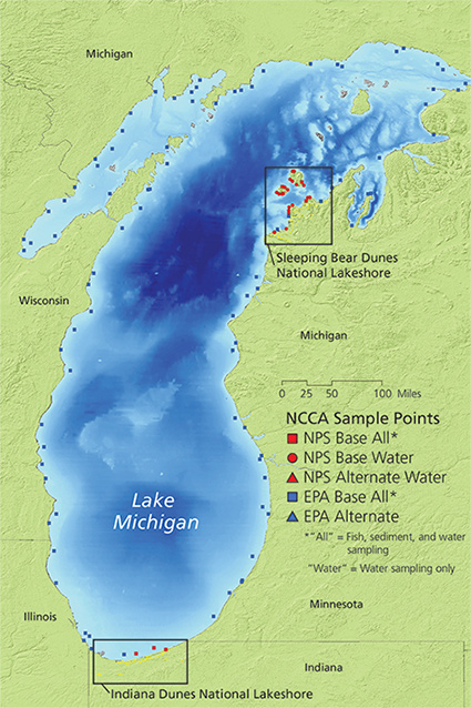 Map of national park areas on the Lake Michigan shore that were part of the water quality study Map of national park areas on the Lake Michigan shore that were part of the water quality study