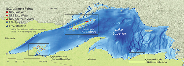 Map of national park areas on the Lake Superior shore that were part of the water quality study