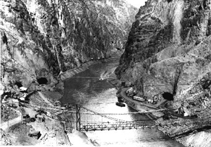 Black and white photo of Hoover Dam's tunnel 