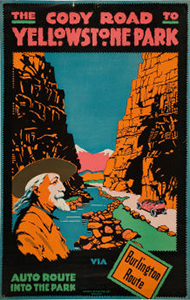 Photo of a colorful ad with a ranger, river and canyons. 