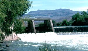 Photo of Percha Diversion dam with a heavy flow of water pouring out into a river 