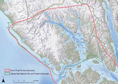 a map of the glacier bay area with lines drawn to indicate park boundaries and huna tlingit homeland