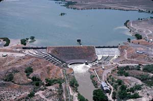 Sky view of Lahontan Dam surrounded by dry land and water 