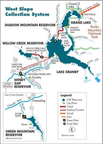 A drawing of a map with reservoirs lakes and trails 